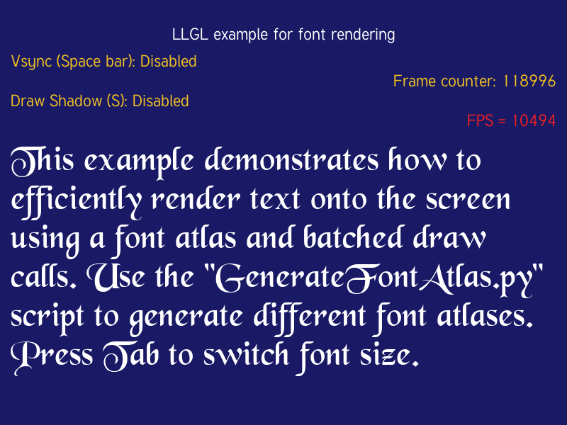Sample text rendered on screen using a bitmap font atlas