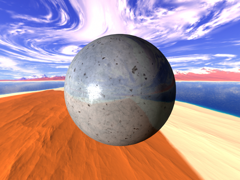 Sphere rendered with a metallic, physically based material under image-based lighting
